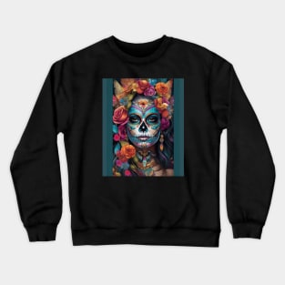 Floral Fiesta: Woman Embraces Dia de los Muertos with Sugar Skull Makeup Crewneck Sweatshirt